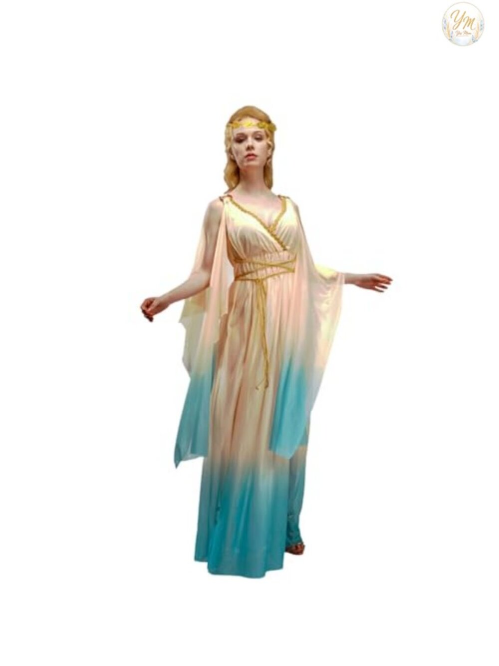 Greek Goddess Costume Gown with Golden Headdress Adjustable Waist Polyester